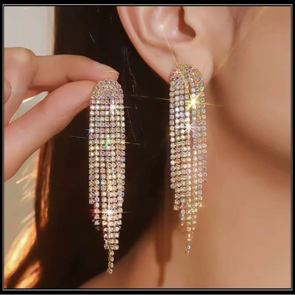 NEW GOLD SIMULATED DIAMOND LONG WATERFALL MULTI STRAND STONE EARRINGS